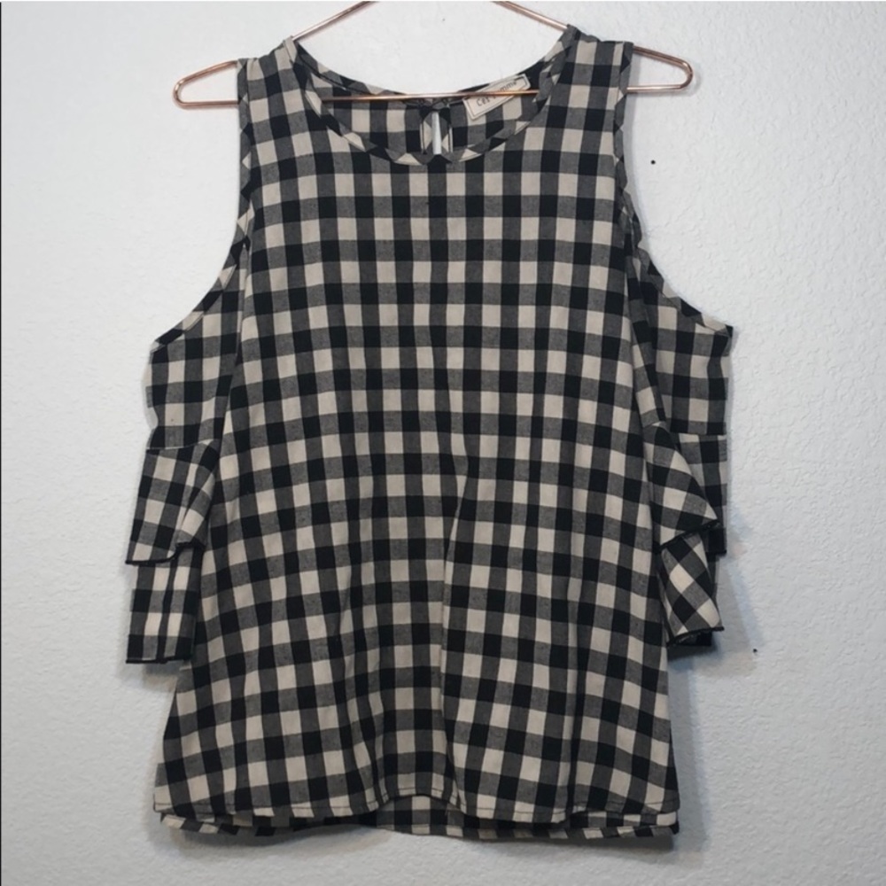 Ces Femme cold shoulder ruffle sleeve plaid top - Picture 2 of 5